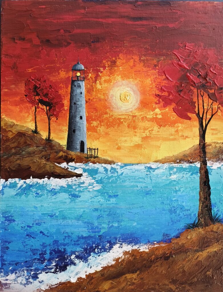 Knife painting of a lighthouse by the seashore with crimson waves, red sunset, and trees, titled 'Ruby Sky Lighthouse Haven' by artist Jinal Patel.