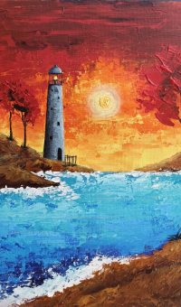Knife painting of a lighthouse by the seashore with crimson waves, red sunset, and trees, titled 'Ruby Sky Lighthouse Haven' by artist Jinal Patel.